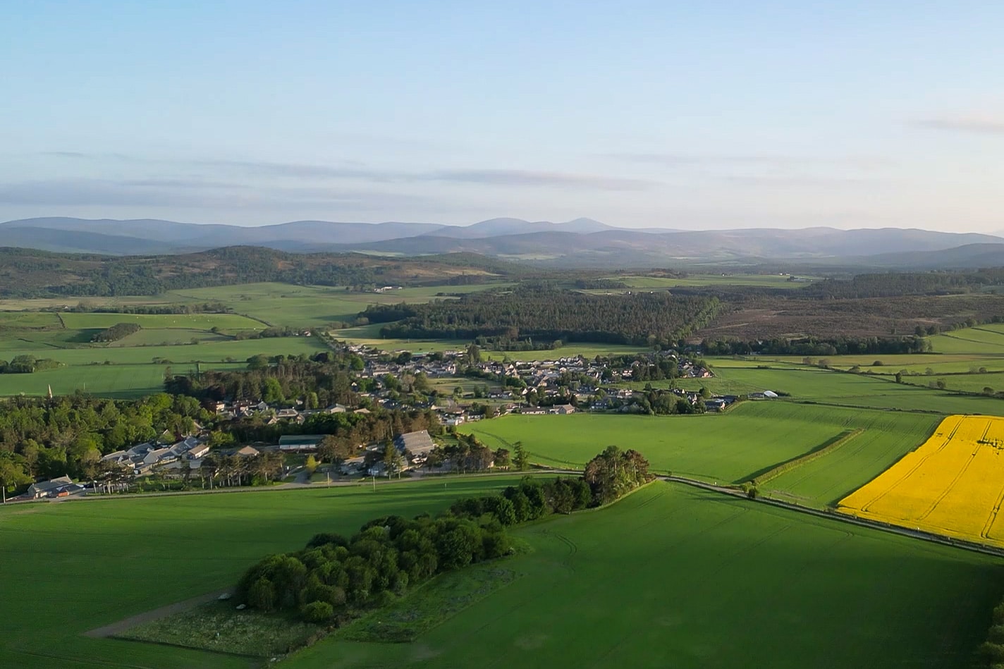 An aerial view of Tarland village in Royal Deeside The MacRobert Trust, an aerial view of Tarland village and surrounding countryside in Aberdeenshire