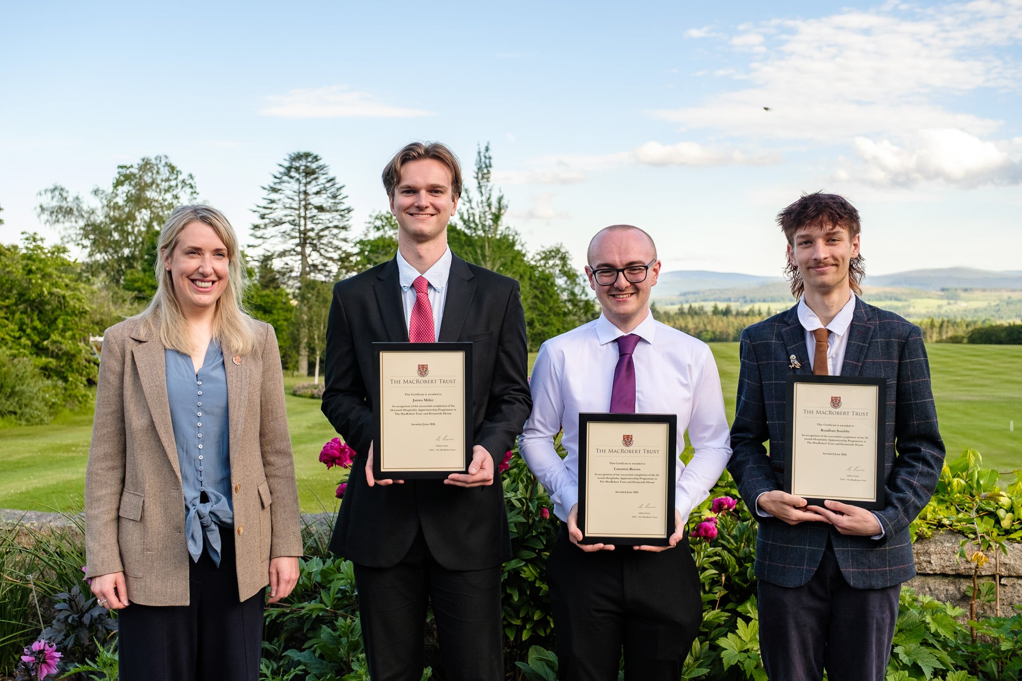 Apprenticeship graduates on hospitality at Douneside house Douneside House hospitality graduates receiving the rewards as part of the MacRobert Trust apprenticeship programme