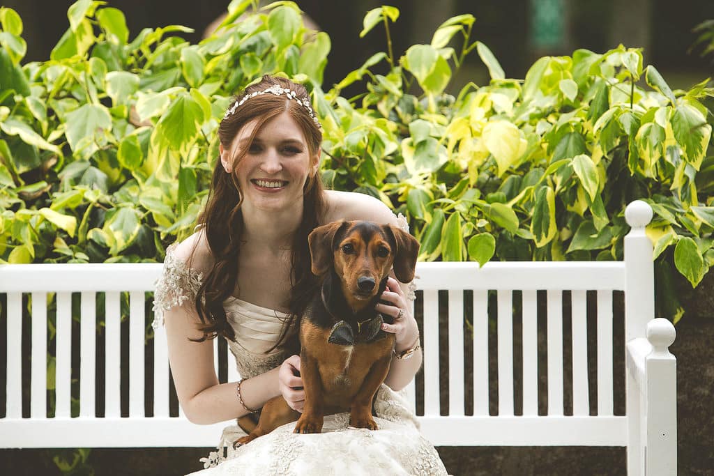 Elopement bride with her dog sitting on a bench at Douneside House