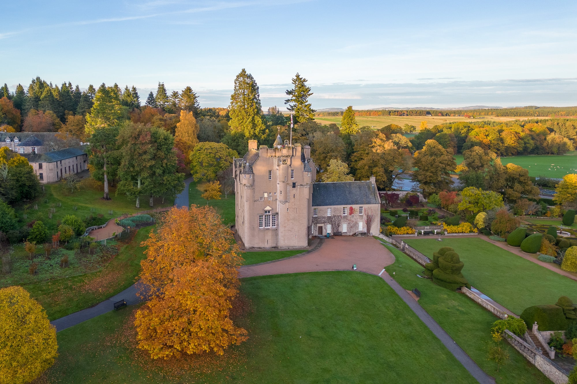 Crathes Castle and gardens aerial view of estate