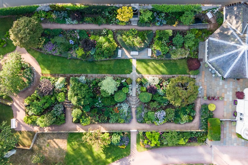 Overhead aerial view of the planting beds and paths in the Douneside House walled garden
