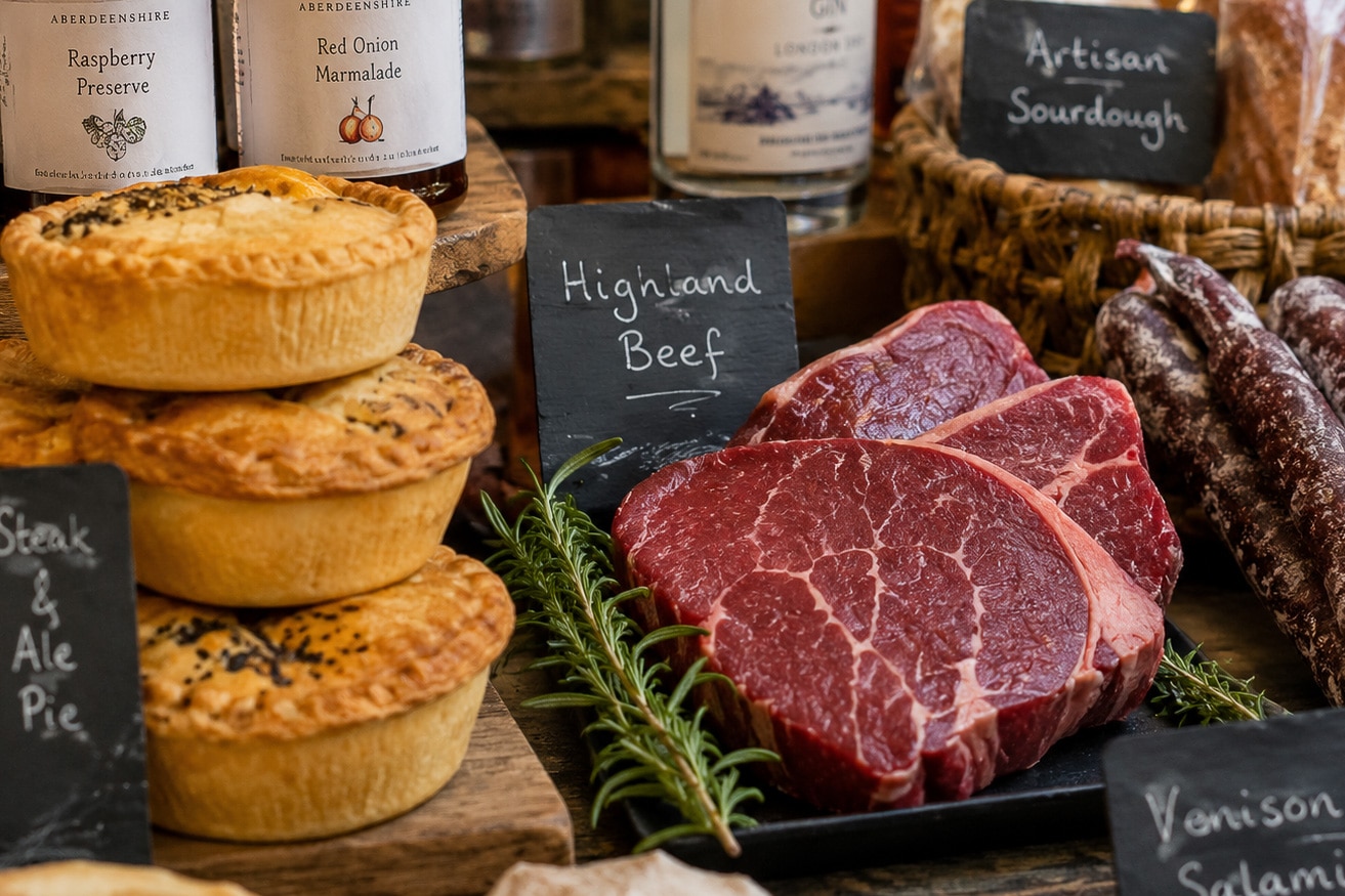 A selection of fine food sourced locally at farmers markets in Aberdeenshire