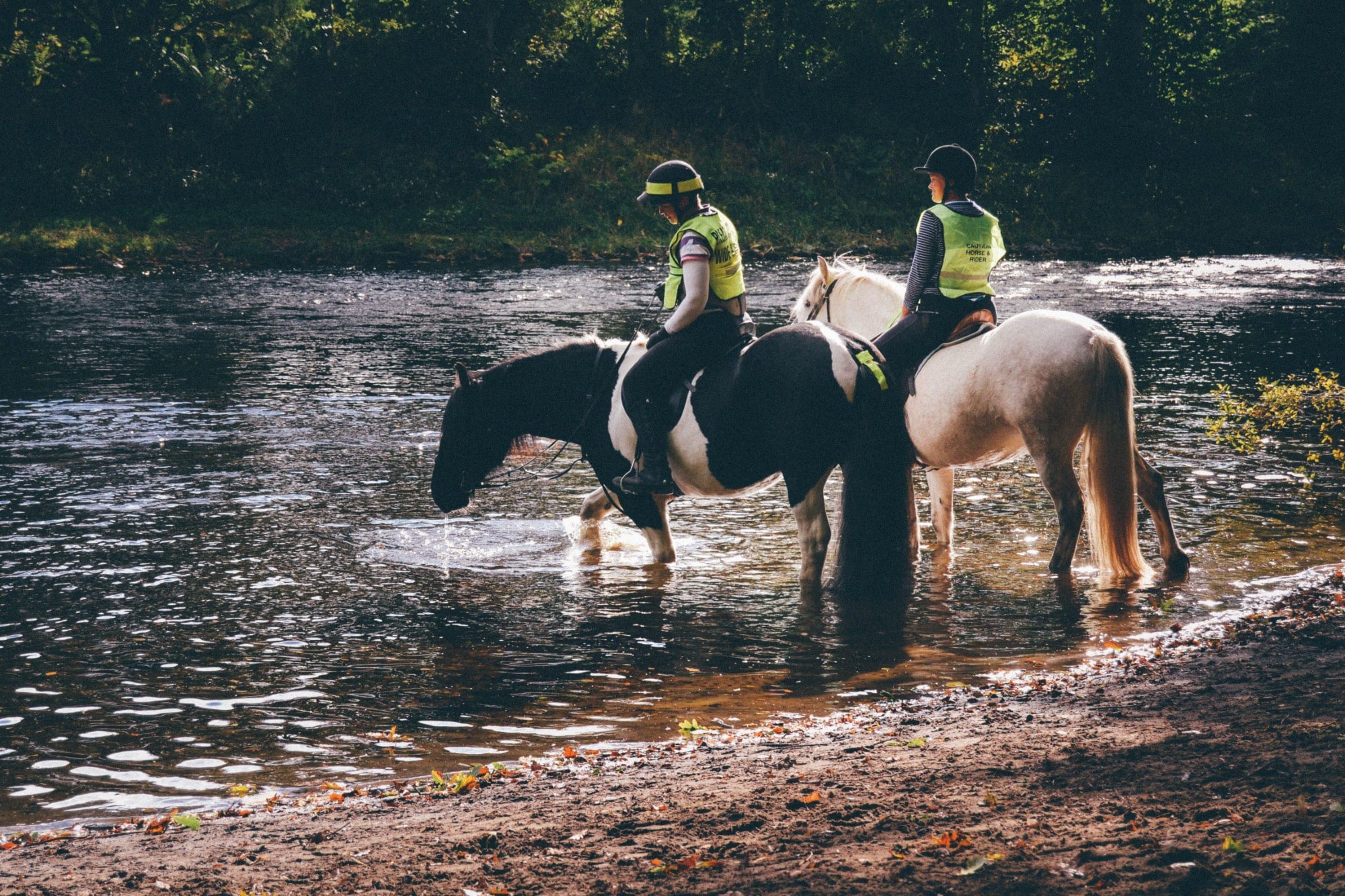 Glen Tanar Eqestrian Centre two horses and riders at the river dee Glen Tanar