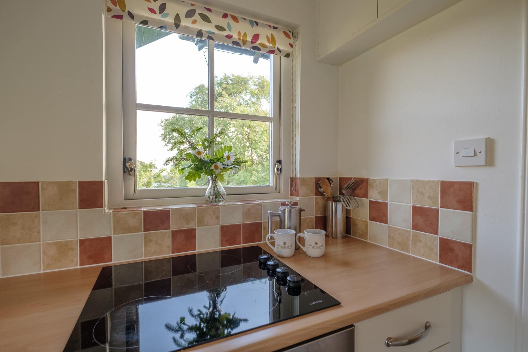 Kitchenette in Pine Cottage with induction hob, terracotta tiles and branded Douneside House mugs