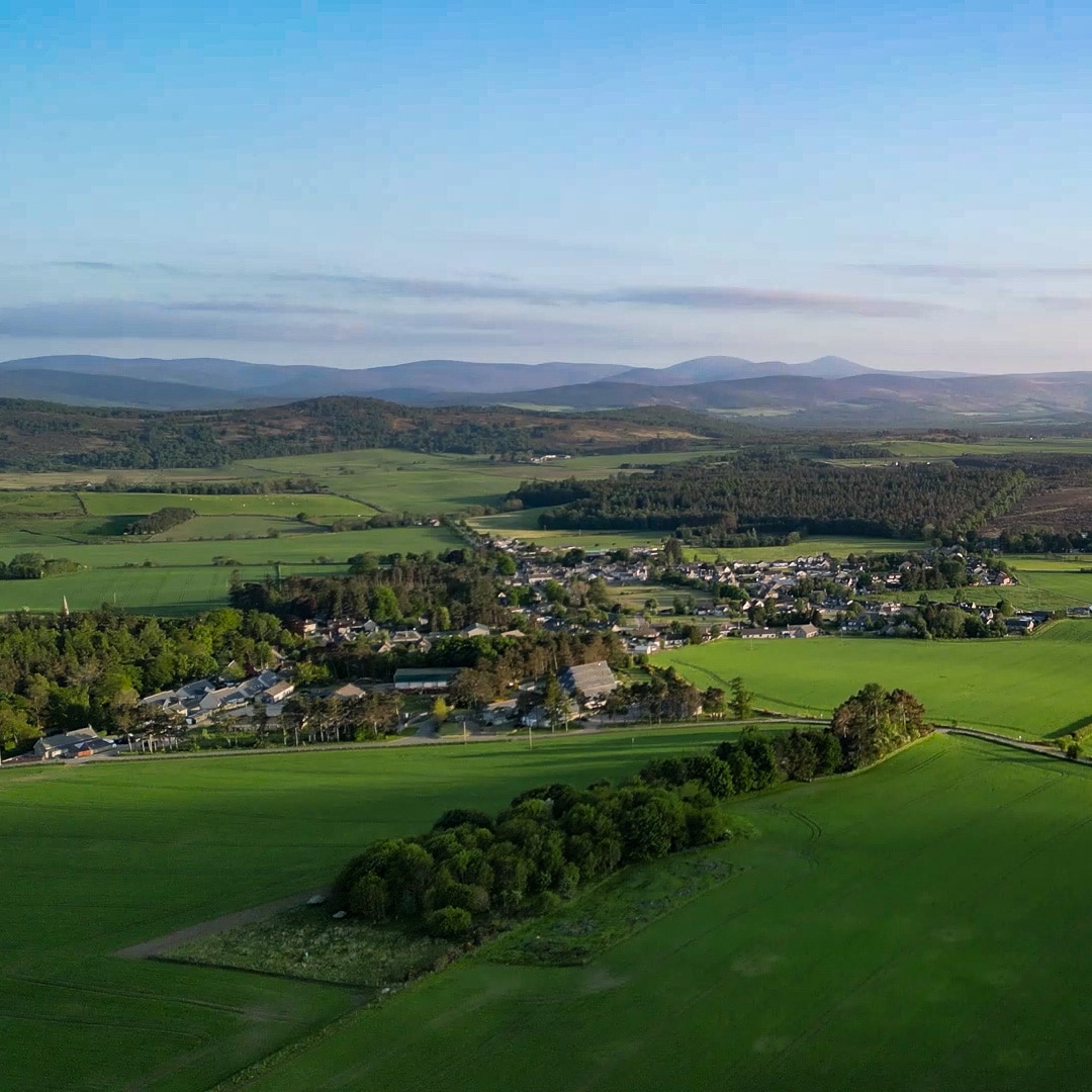 Tarland aerial photo representing the MacRobert Trust Estate An aerial view over Tarland in Royal Deeside Aberdeenshire. Showing part of the MaRobert Trust Estate