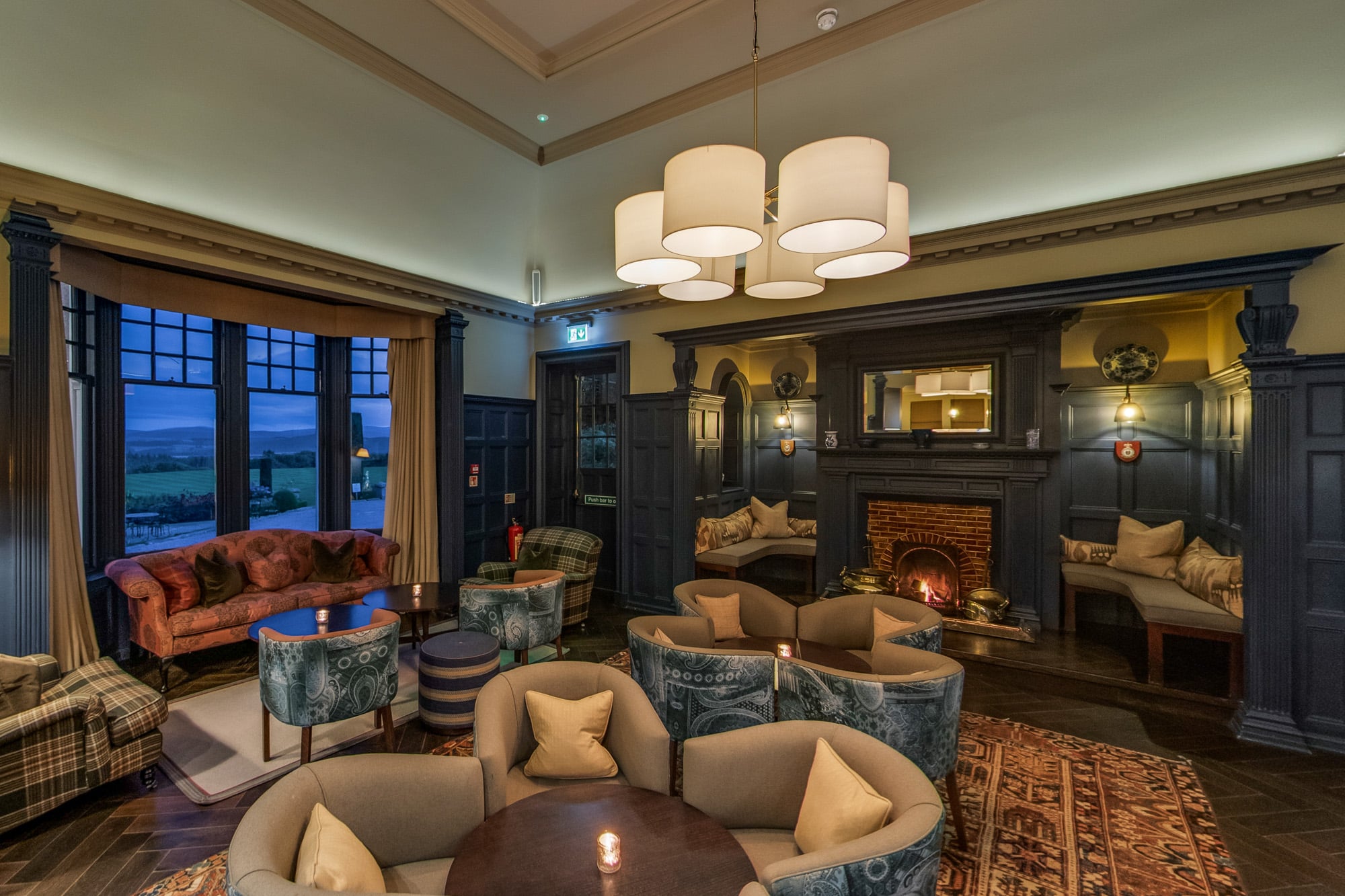 The MacRobert Reply Bar Evening in The MacRobert Reply Bar with fire on and tables set
