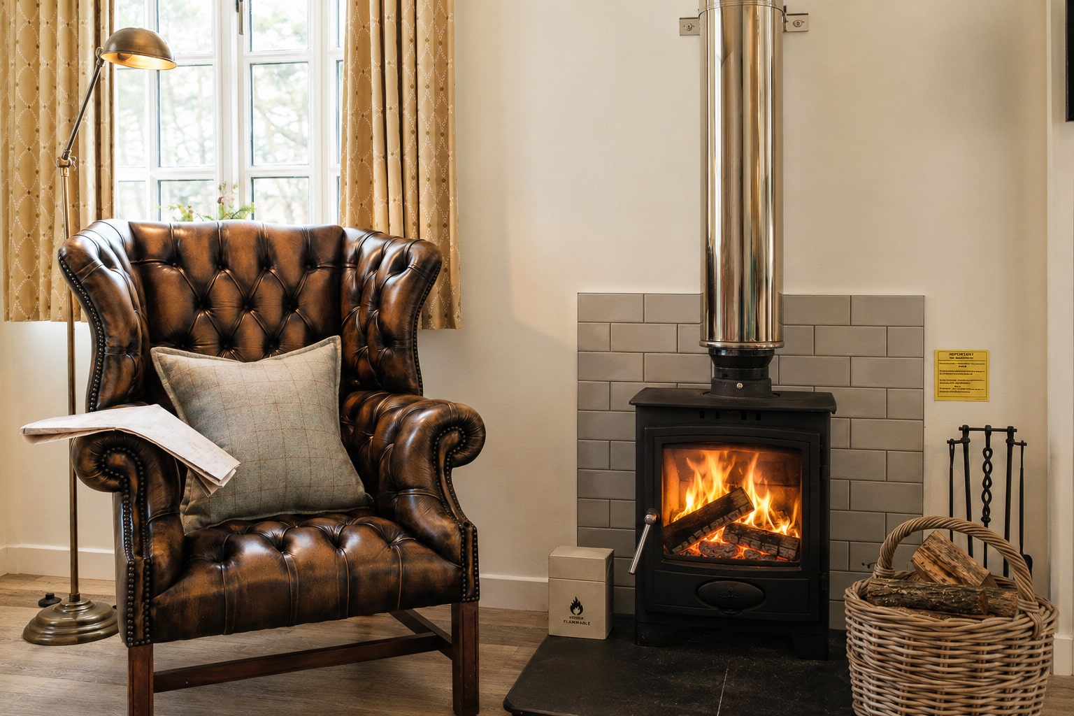 Fireside chesterfield wingback chair beside wood-burning stove in Morven Cottage at Douneside House