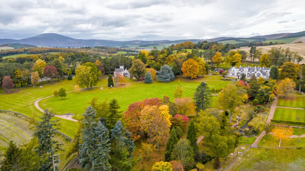 Aerial photo showing the beautiful Autumn colours at Douneside House